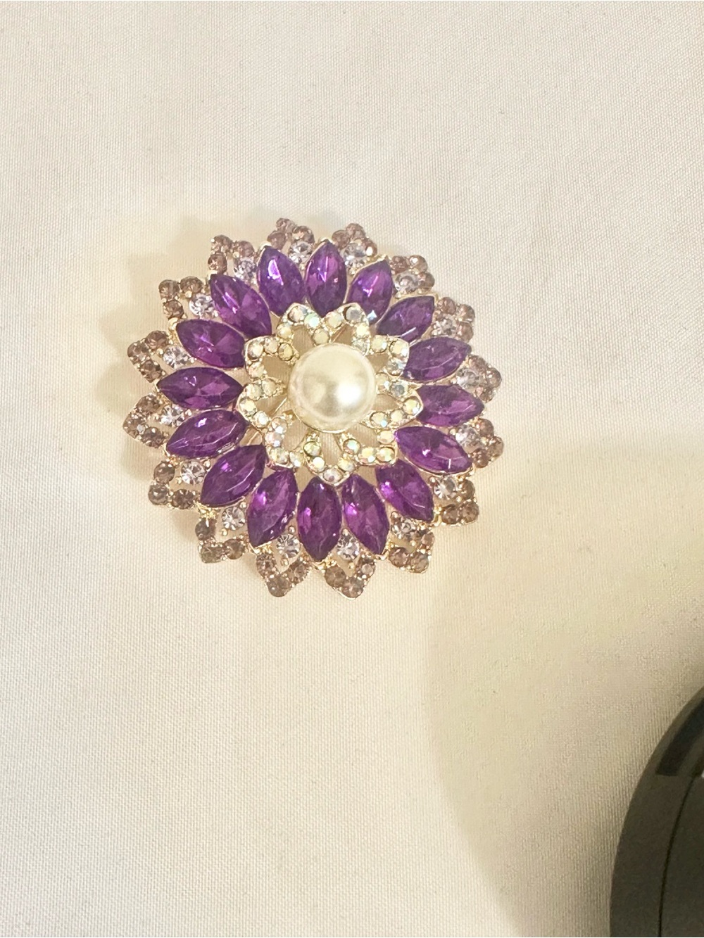 Purple Acrylic & Crystal Floral Brooch with Pearl Center